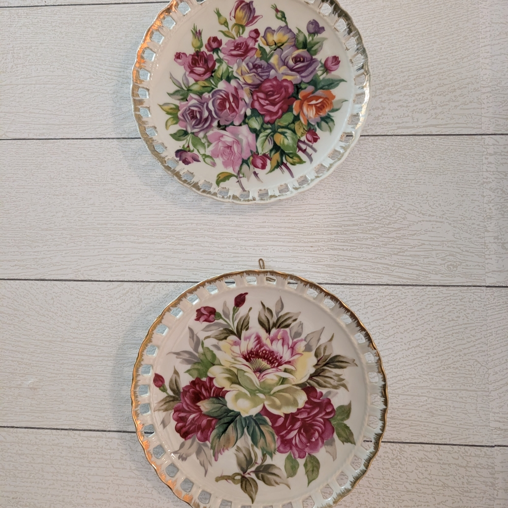 Floral Wall Plates with Gold Trim